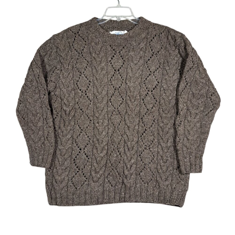 Vtg Womens Wool Fisherman Cable Knit Sweater Venture Hand Knit Chunky XL Brown